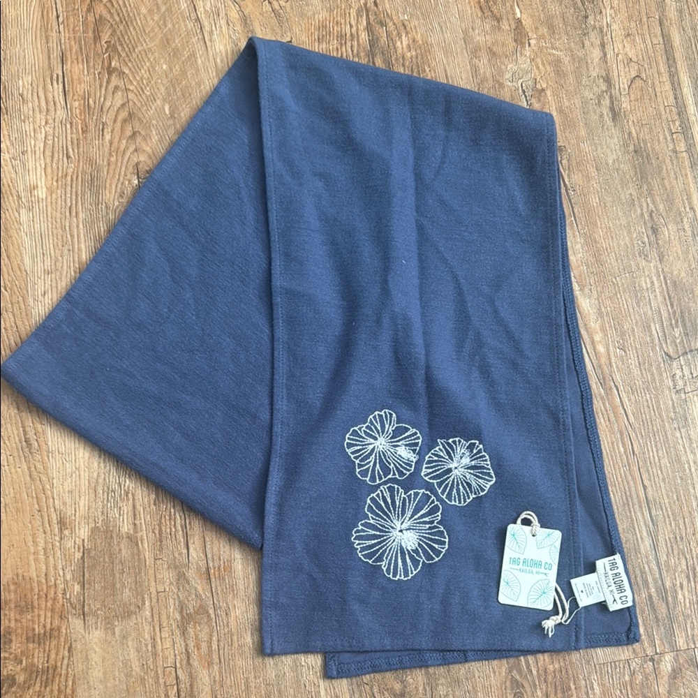 Tag Aloha Co Blue Scarf with White Floral Embroidery